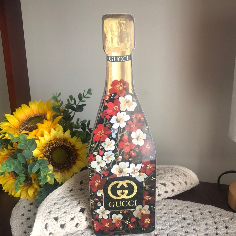 Gucci Red and Gold Floral Champagne Bottle Wooden Home Decor